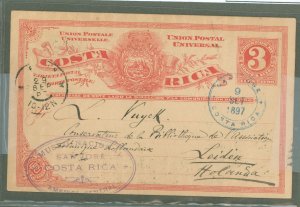 Costa Rica UX 1897 3 cent P.C. Used to Holland from San Jose. New Orleans transit (Rev.) N.Y. transit. National Museum form on r