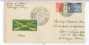 Brazil 250 March 28, 1930 Graf Zeppelin flight cover- Rio de Janiero Brazil to Lakehurst New Jersey with 10,000 rais Brazil - Eu