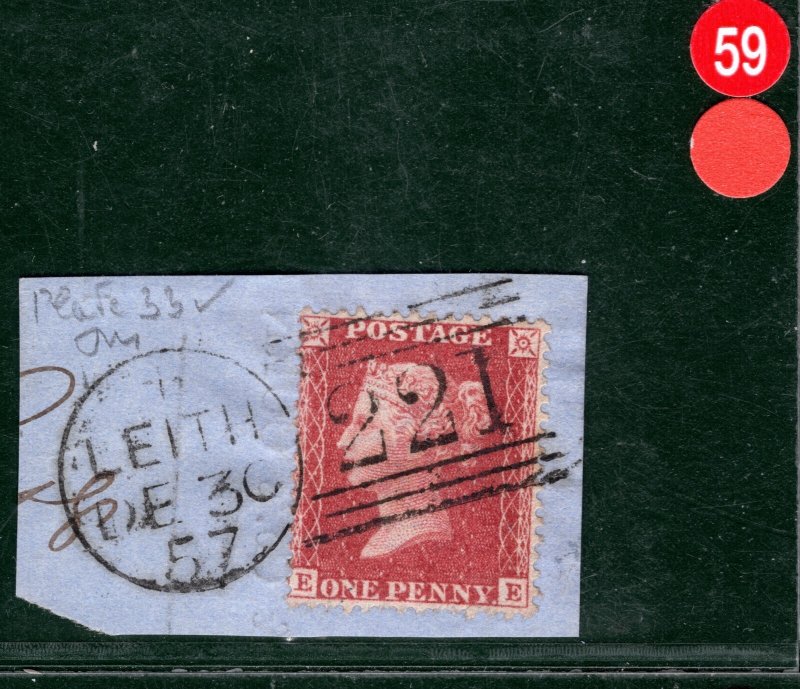 GB QV PENNY RED Spec C10 1d Plate 33 (EE) Leith 1857 Piece RARE Cat £700+ RRED59