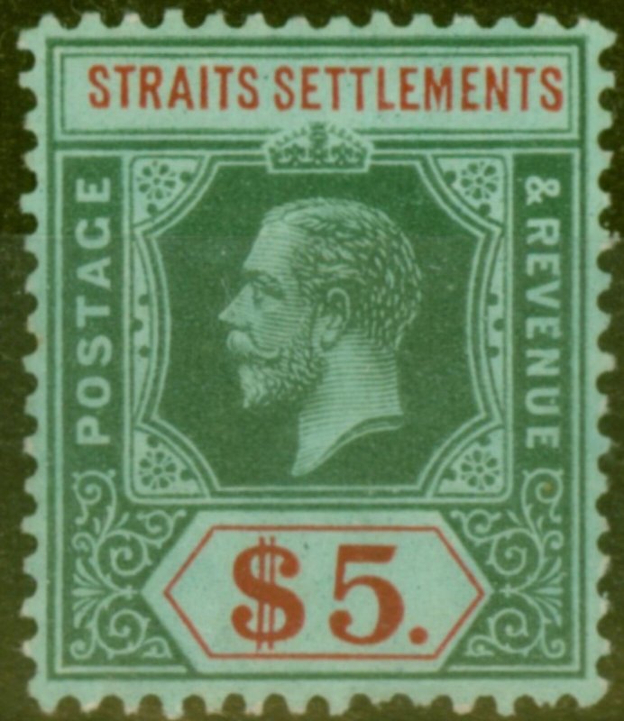 Straits Settlements 1918 $5 on Blue-Green Olive Back SG212b Fine Very Lightly Mt