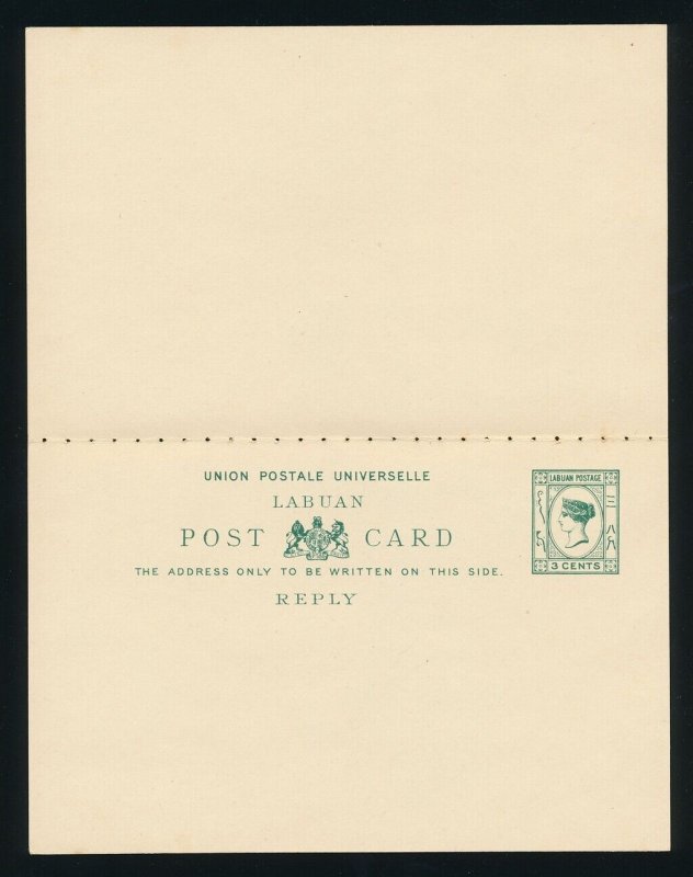 LABUAN 1893 Double Reply Postcard QV 3c green. H&G/Tan 4.