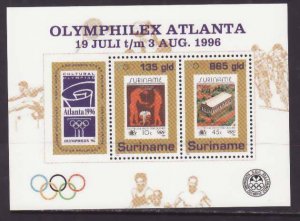 Surinam-Sc#1052A- id8-unused NH sheet-Sports-Olympics-Stamp on Stamp-1996-