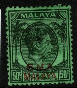 MALAYA BMA SG14 1945 50c BLACK/EMERALD FINE USED