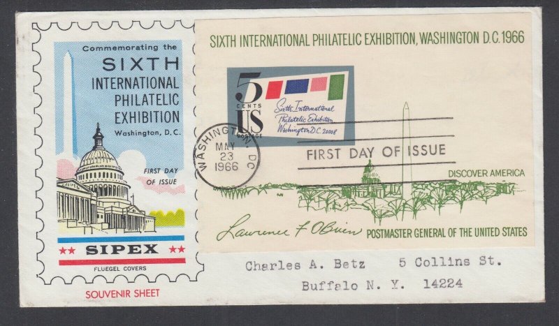 US Planty 1311-15 FDC. 1966 5c SIPEX Souvenir Sheet, Fluegel cachet, addressed