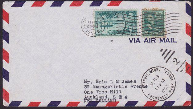 USA 1953 25c rate airmail cover Detroit to New Zealand......................5079