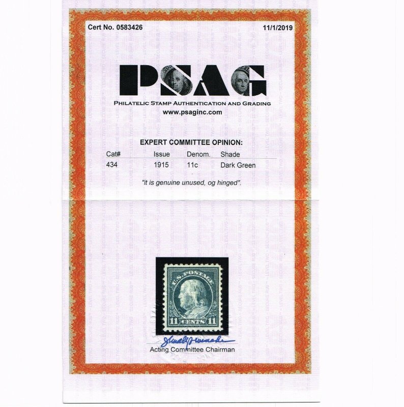 VERY AFFORDABLE GENUINE SCOTT #434 VF-XF MINT OG H PSAG CERT 11¢ PERF-10 SL-WMK