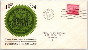 U.S. EVENT COVER 300th ANNIVERSARY OF THE FOUNDING OF THE STATE OF MARYLAND 1934