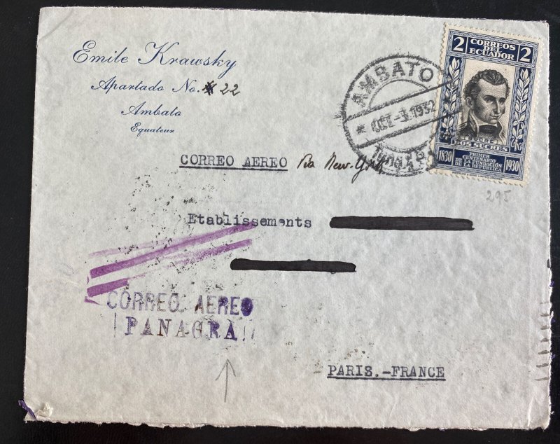 1932 Amsato Ecuador Commercial Airmail Cover To Paris France PANAGRA 