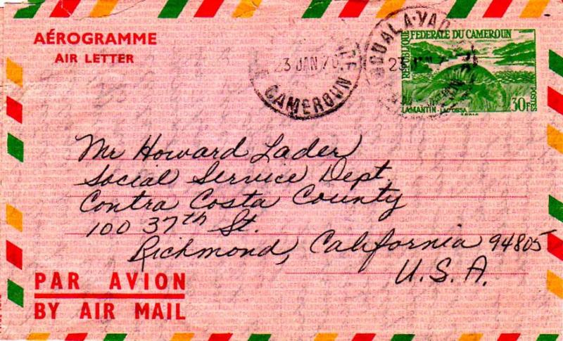 Cameroun 30F Manatee Air Letter 1970 Douala-Yaounde, Cameroun Airmail to Rich...