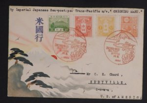 1934 Chichibu Maru Sea Post Japan Karl Lewis Hand Painted Cover To Eddyville KY