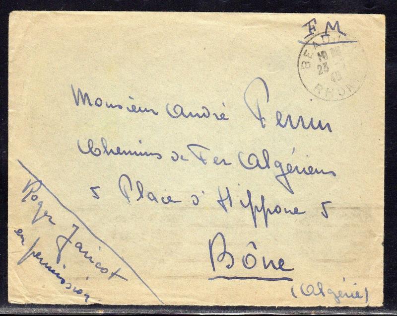 France Military Stampless to Algeria 1940 a579