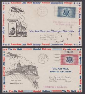 US Planty CE1-13, CE2-2 FDCs. 1934-36 16c Air Mail Special Delivery Ioor Cachets