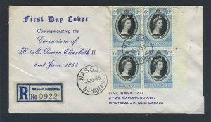 Bahamas 1953 QEII Coronation block of four on First Day Cover.