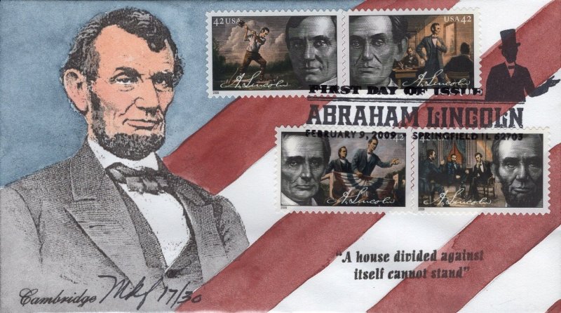 Mary Kay Fisher (Cambridge) Hand Painted FDC for the 2009 Abraham Lincoln Issue