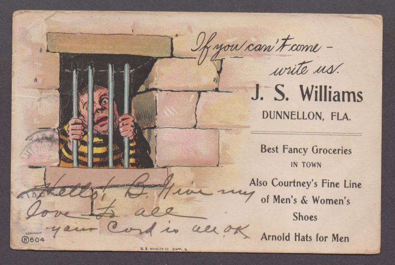 **US Florida Advertsing Post Card, 1906 J.S. Williams Jail, Dunnellon, FL