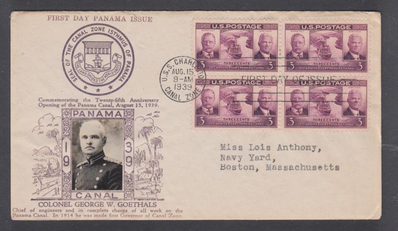 US Sc 856 FDC. 1939 3c Panama Canal block, Crosby Photo cachet, addressed