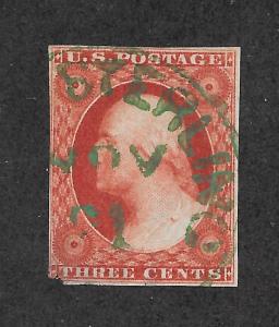 10 Used 3c. Washington,  Green Cancel, Position 15R2E,  scv: $415, Cert.