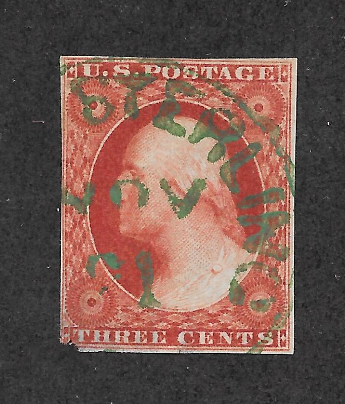 10 Used 3c. Washington,  Green Cancel, Position 15R2E,  scv: $415, Cert.