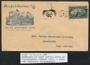 #288 ON COVER LINCOLN, NEBRASKA TO INHAMBANE, EAST AFRICA BT9768