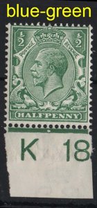 GB 1912 ½d blue-green sg356 K18 control single, stamp um