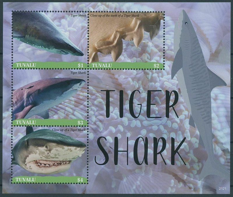 Tuvalu 2021 MNH Marine Animals Stamps Tiger Shark Sharks 4v M/S