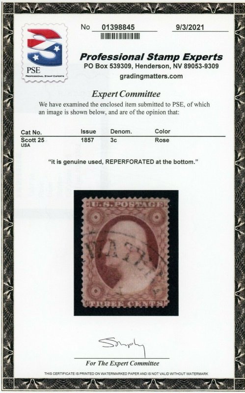 US Stamp #25 Washington 3c - PSE Cert - Used - REPERFORATED  