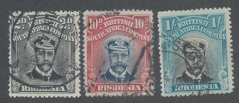 RHODESIA 1913 KGV ADMIRAL 2D 10D AND 1/- DIE II PERF 15