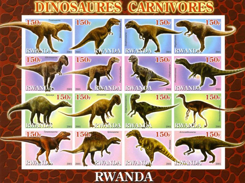 Rwanda 2001 Prehistoric Carnivorous Dinosaurs Sheet Imperforated mnh.vf