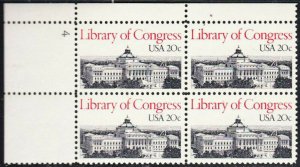 1982 Library of Congress Plate Block Of 4 20c Postage Stamps, Sc# 2004, MNH, OG