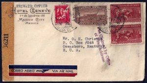 MEXICO US 1944 WAR TIME CENSORED HOTEL GENEVE AIR MAIL COVER TO OWENSBORO KY FEE