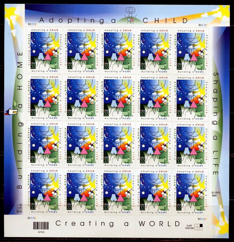 UNITED STATES SCOTT#3398 ADOPTING A CHILD SHEET OF TWENTY MINT NEVER HINGED