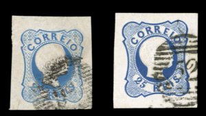 Portugal #10 Cat$27, 1856 25r blue, two different shades, used