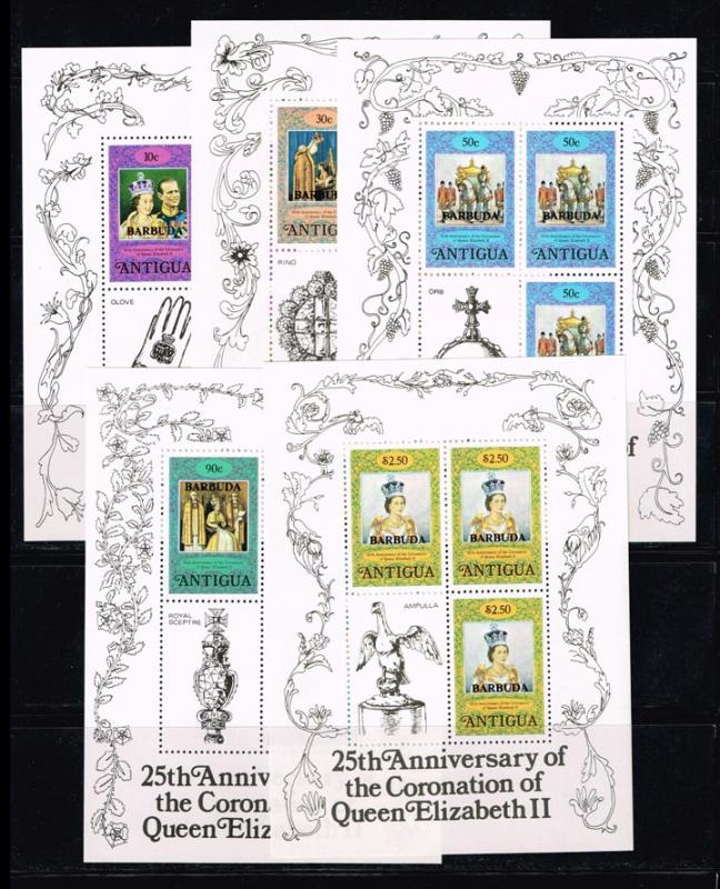 Barbuda #349-353 QEII Coronation Minisheets; MNH