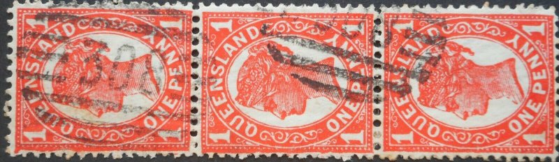 Queensland 1897 One Penny strip of three with Barred 308 postmark