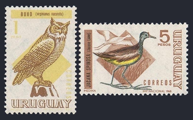 Uruguay 751,754,MNH.Mi 1113-1114. Birds 1968.Great lorned owl,Wattled jacanas.