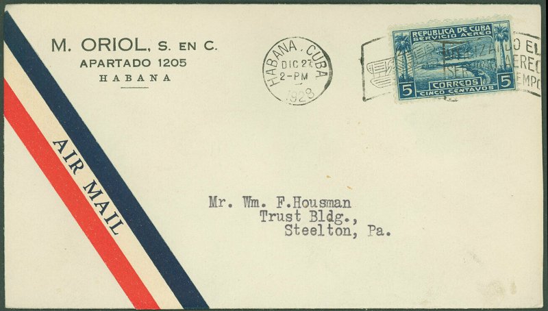 DEC 27 1928 HABANA Cds, Red/Blue Air Mail Label Attached, C/C, To STEELTON, PA!