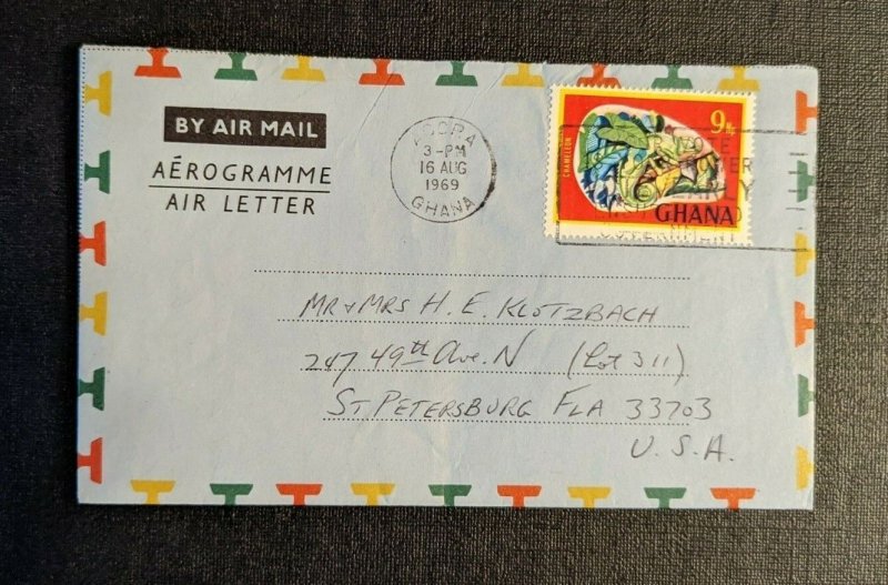 1969 Accra Ghana Aerogramme Airmail Cover to St Petersburg FL USA