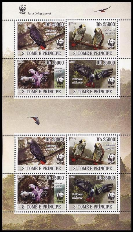 Sao Tome Birds WWF Grey Parrot Sheetlet of 2 sets / 8 stamps MI#3777-3780 SALE