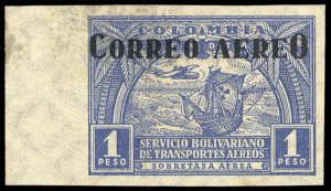 Colombia #C92var, 1932 Correo Aereo, 1p blue, imperf. sheet margin single, li...