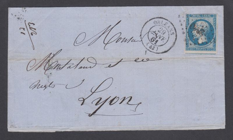 France Sc 15d on 1861 Self Folded Letter, Orleans-Lyon, fresh.