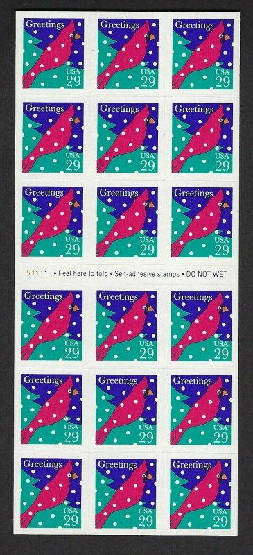 U.S. #2874a CHRISTMAS CARDINAL BOOKLET PANE MINT, NH AT FACE VALUE!