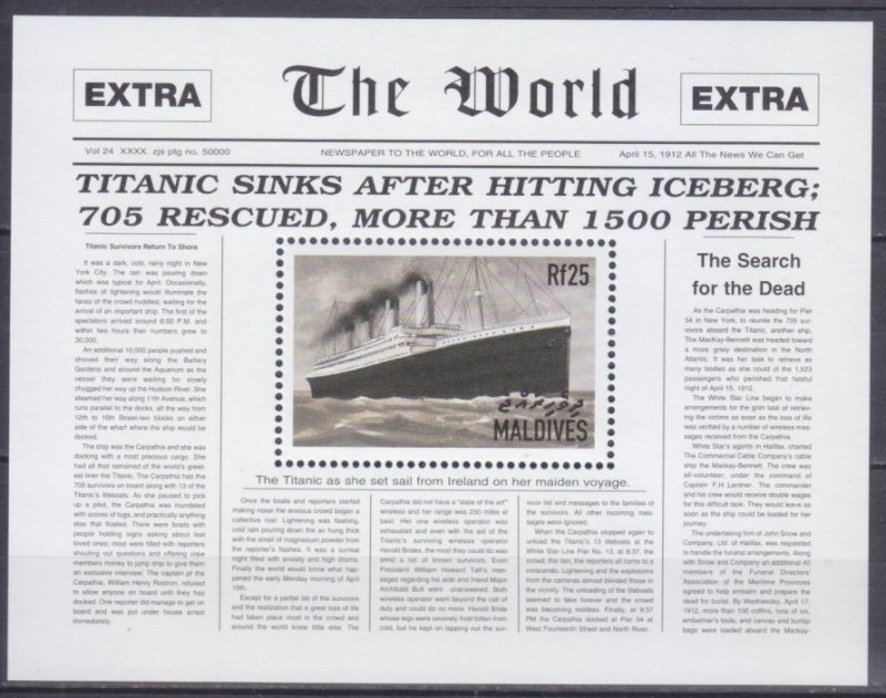 1998 Maldive Islands 3115/B413 86 years of the death of the Titanic Ship