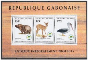 Gabon 1998 Block Protected Animals Hippopotamus NTSA Grimm Pelican's Cep...
