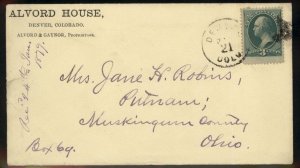 USA 1879 Colorado Alvord House DENVER ILLUSTRATED Cover 99131