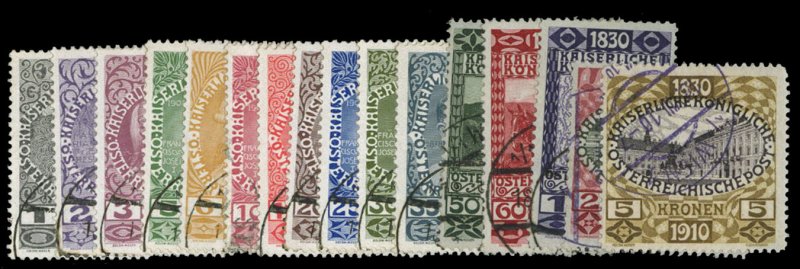 Austria #128-143 Cat$589, 1913 Birthday Jubilee, complete to 5k, used