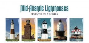 Scott 5621-25 Mid-Atlantic Lighthouses Imperf- NDC. Header Strip of 5 stamps.