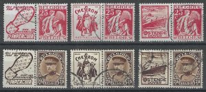 Belgium, 1932, Scott #228 and #249, 6 Pairs Used, Each with Advertising Label