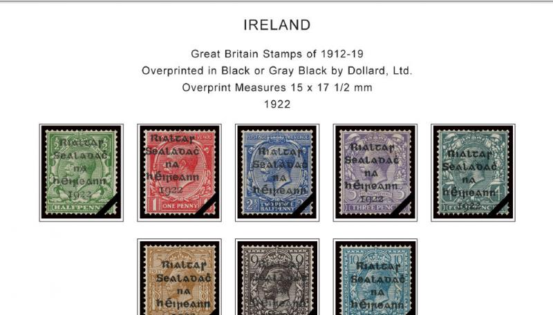 COLOR PRINTED IRELAND [CLASS.] 1922-1970 STAMP ALBUM PAGES (13 illustr. pages)