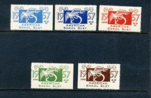 5 VINTAGE 1957 AMERICAN SOKOL SLET  POSTER STAMPS  (L684) CZECHOSLOVAKIA: