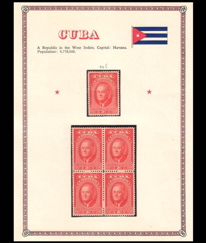 CUBA - 1947 2nd Death Anniv Franklin D. Roosevelt - set of 1V & 1-Blk of 4 - MNH